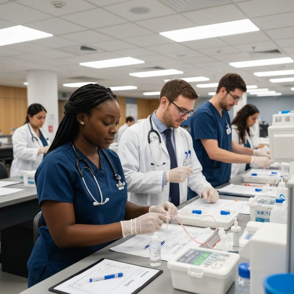 Healthcare training facility with students learning medical assistant and phlebotomy skills